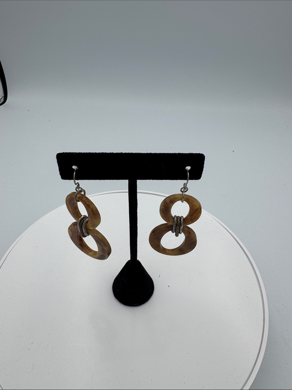 Chico's Honey Brown Resin Double-Hoop Drop Earrings with Silver Accents